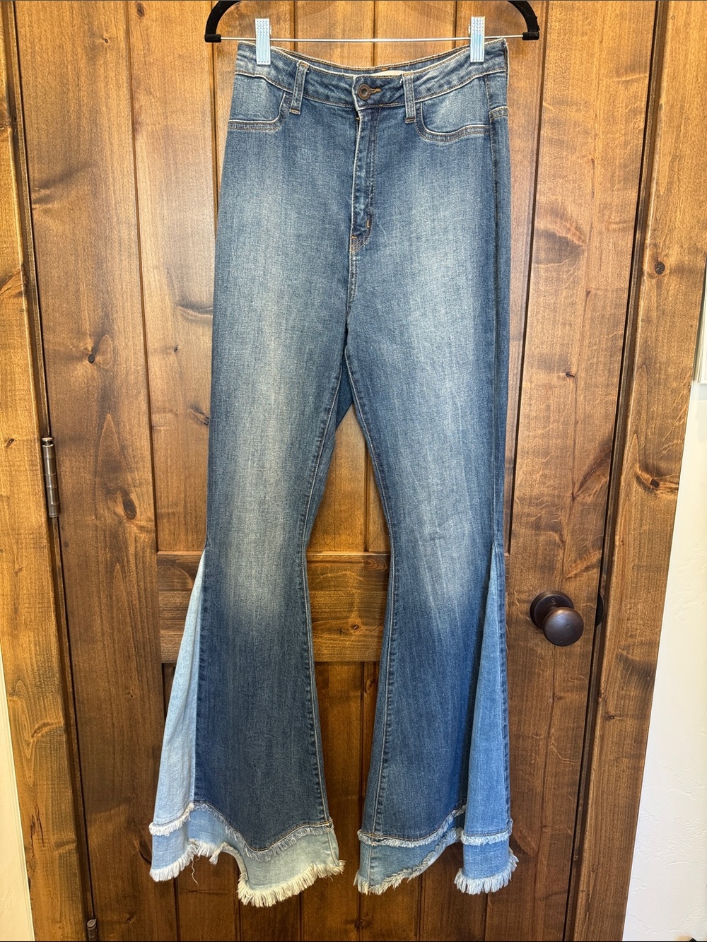 Aphrodite Two-Tone Blue Flare Jeans with Frayed Hem